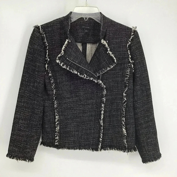 Ann Taylor Tweed Fringe Moto Style Jacket Black/White Career Casual Size Small - Picture 4 of 11